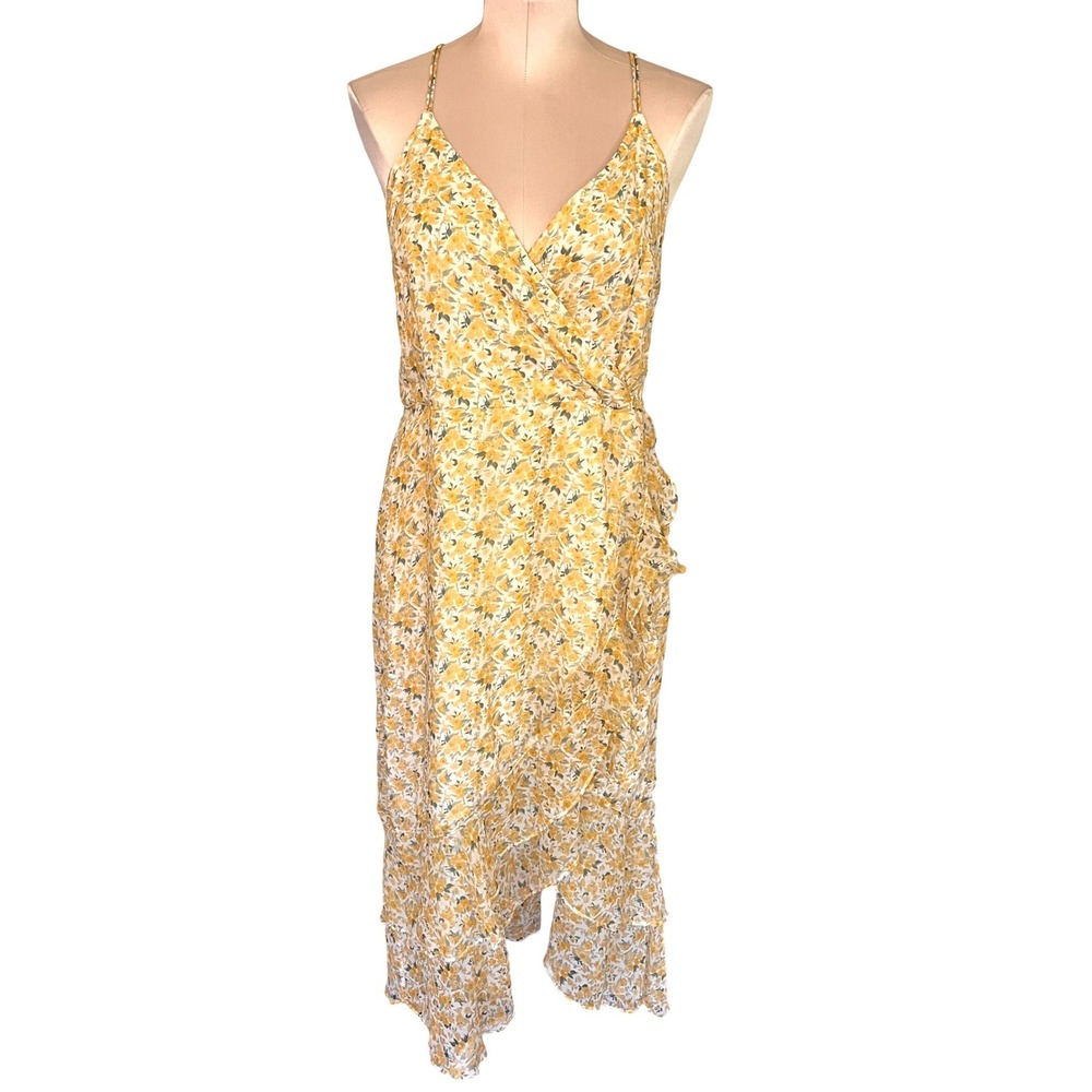 Abercrombie & Fitch Yellow Floral Wrap Ruffle Midi Dress Cross Back 1329